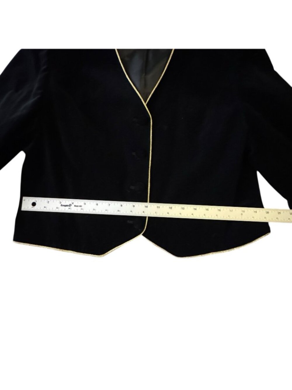 Black Velvet Bolero Jacket Women's Size 14 Gold Piping Lined Buttons Vintage 90s - Picture 14 of 15
